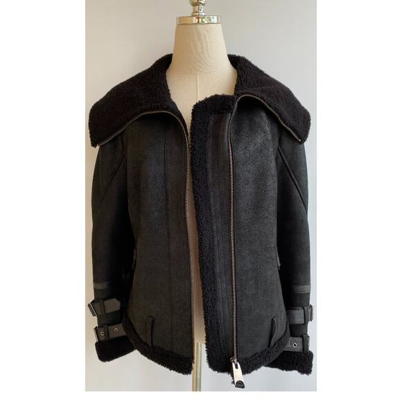 Harlin Genuine Shearling Sheepskin Motorcycle Leather Coat Wrist Buckles size 4 - Picture 10 of 12